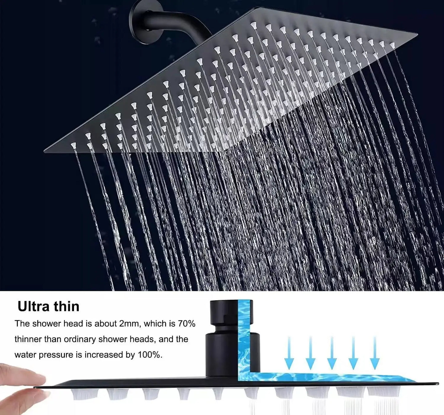 Large Relaxing Rainfall Shower Head Chrome or Matte Black Finish 8, 10 or 12" sizes